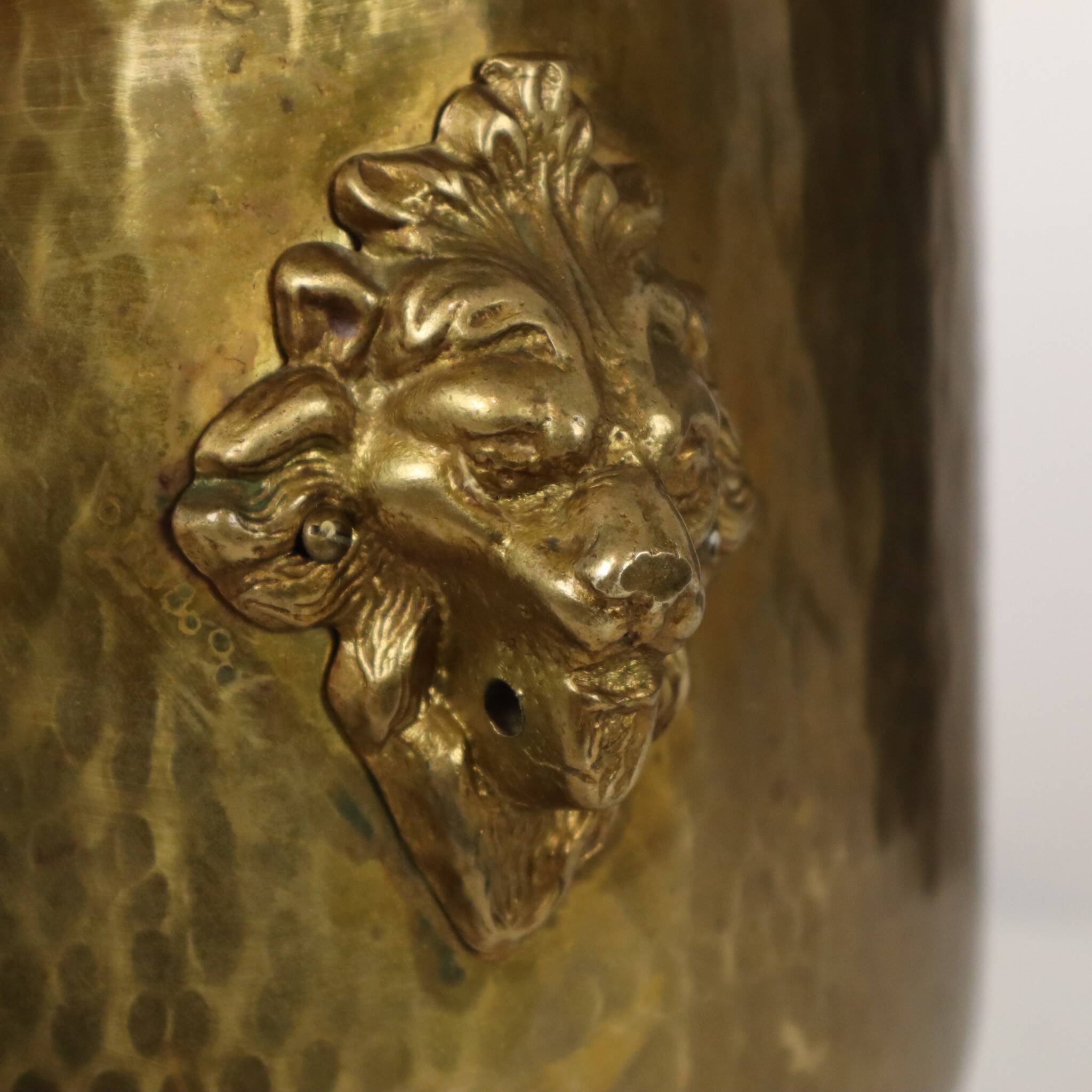 Large Hammered Brass Jardinière/Planter with Lion Heads