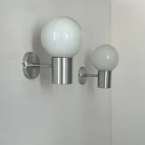Pair of vintage wall lights, aluminum and opaline, France, 1980