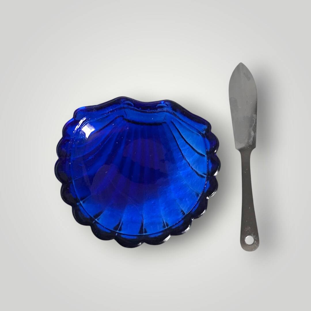 Vintage shell butter dish in stainless steel and cobalt blue glass with knife