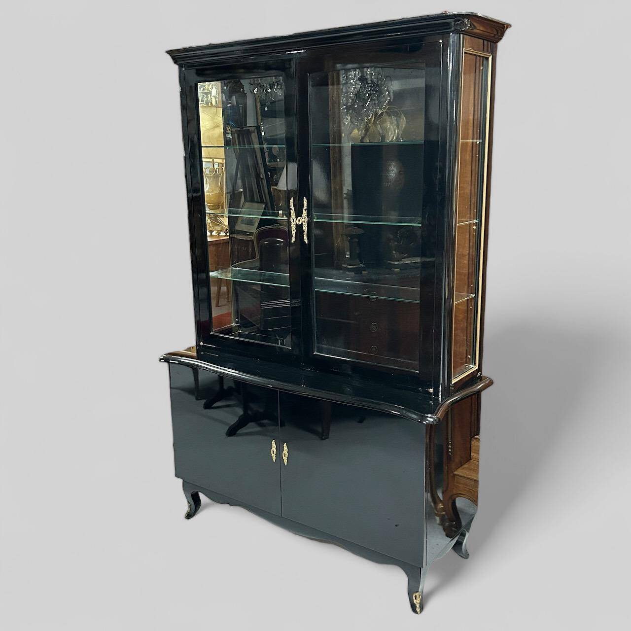 1950s black lacquered two-body display cabinet - bookcase