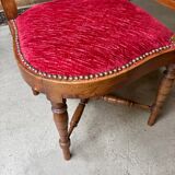 Corner armchair, dark wood and red velvet office chair.
