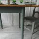 Table, vintage desk with smoked green legs and an oak top.