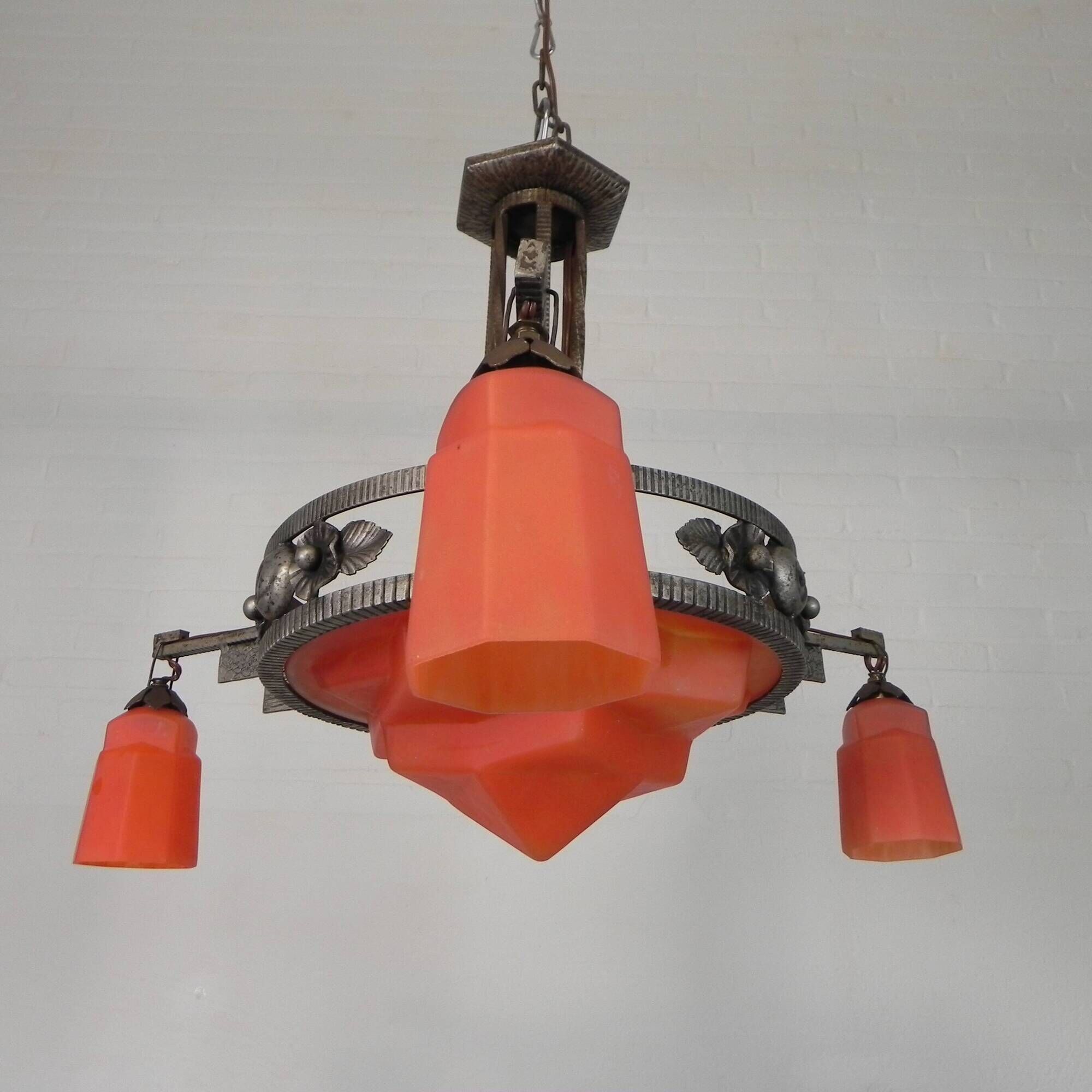 Art Deco pendant lamp with glass bowl and 3 chalices, 1930s