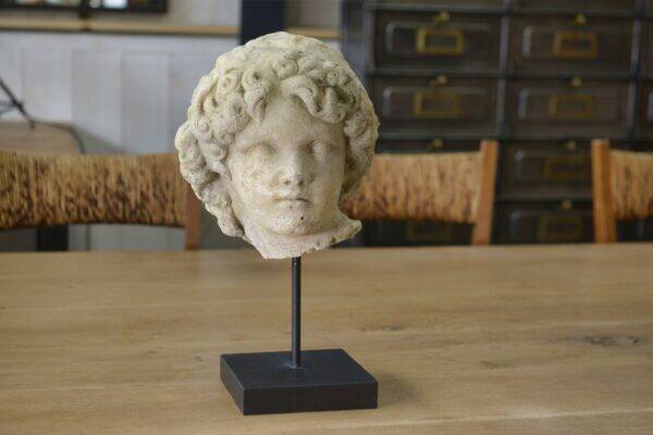 Sculpture of a head in reconstituted stone carved in the antique style of the 19th century