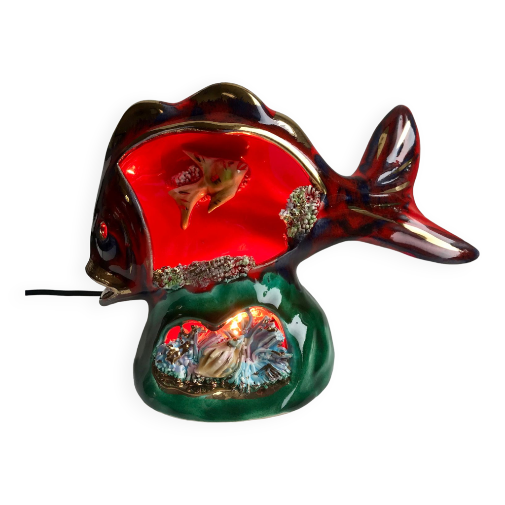 Pendentif Double Poisson Émail Cloisonné Vert - Collier Années 70 - Occasion Vintage