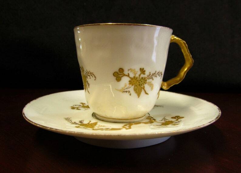 5 X Antique Limoges Porcelain Coffee Cups pairs Gold Ribbon Handle, 1890s