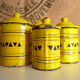 6 spice jars yellow and black enamelled sheet metal, fireplace pot