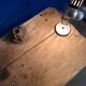 Vintage workbench circa 1930, folding metal leg.