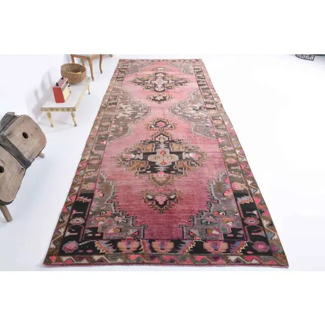 Vintage Turkish hand-knotted wool cotton pink area rug 180x475