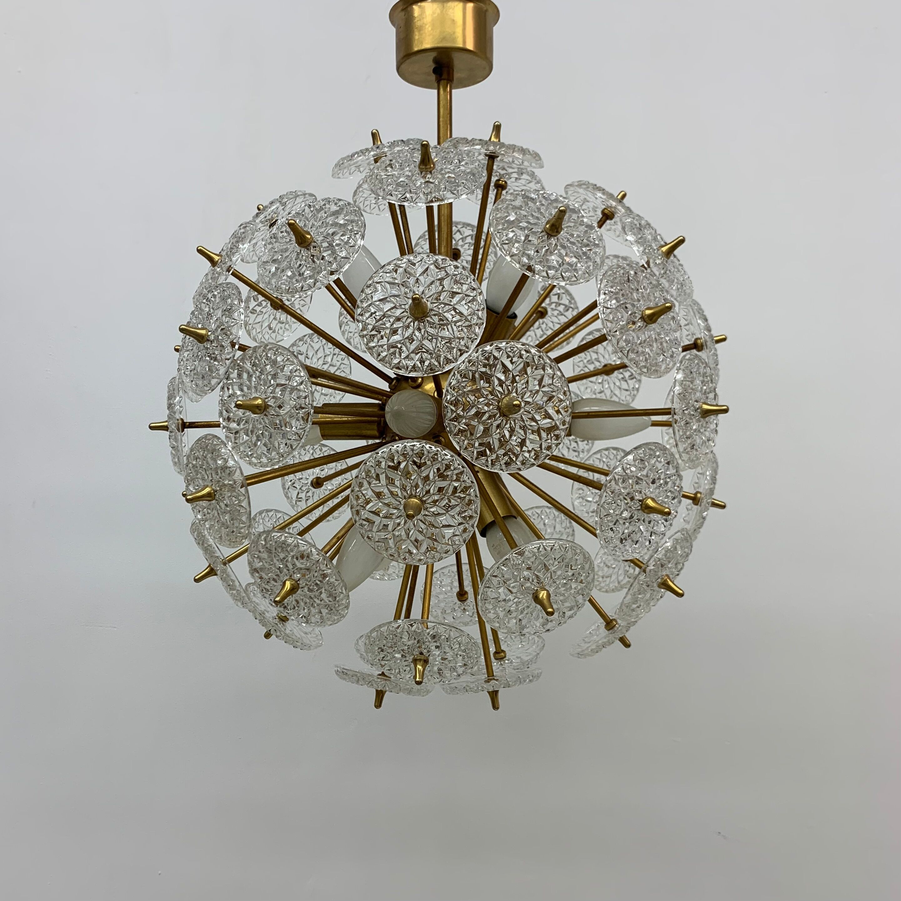 Val Saint Lambert crystal sputnik gold chandelier , 1960’s