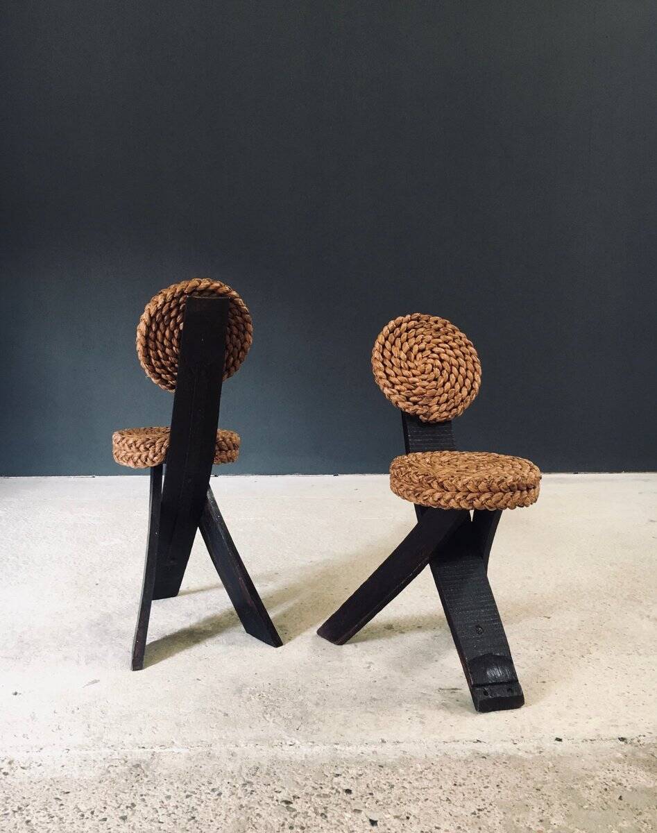 Mediterranean Tripod Side Chairs by Audoux Minet, France, 1950s, Set of 2