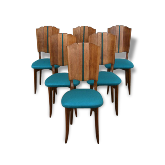 Un lot de 6 chaises turquoises entièrement rénovées.