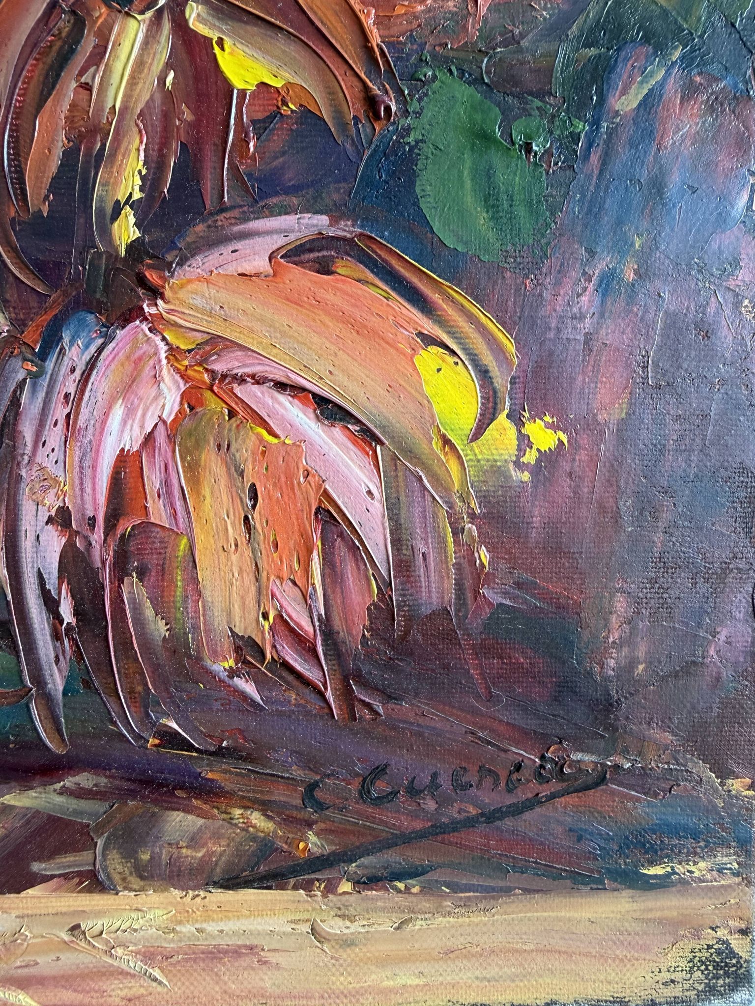 Huile sur toile expressionniste fleurs colorées dans un vase bleu