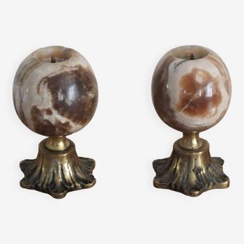 Pair of vintage candlesticks in marble or onyx and bronze feet