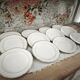Set of 12 white earthenware dessert plates with a gold rim from Sarreguemines.