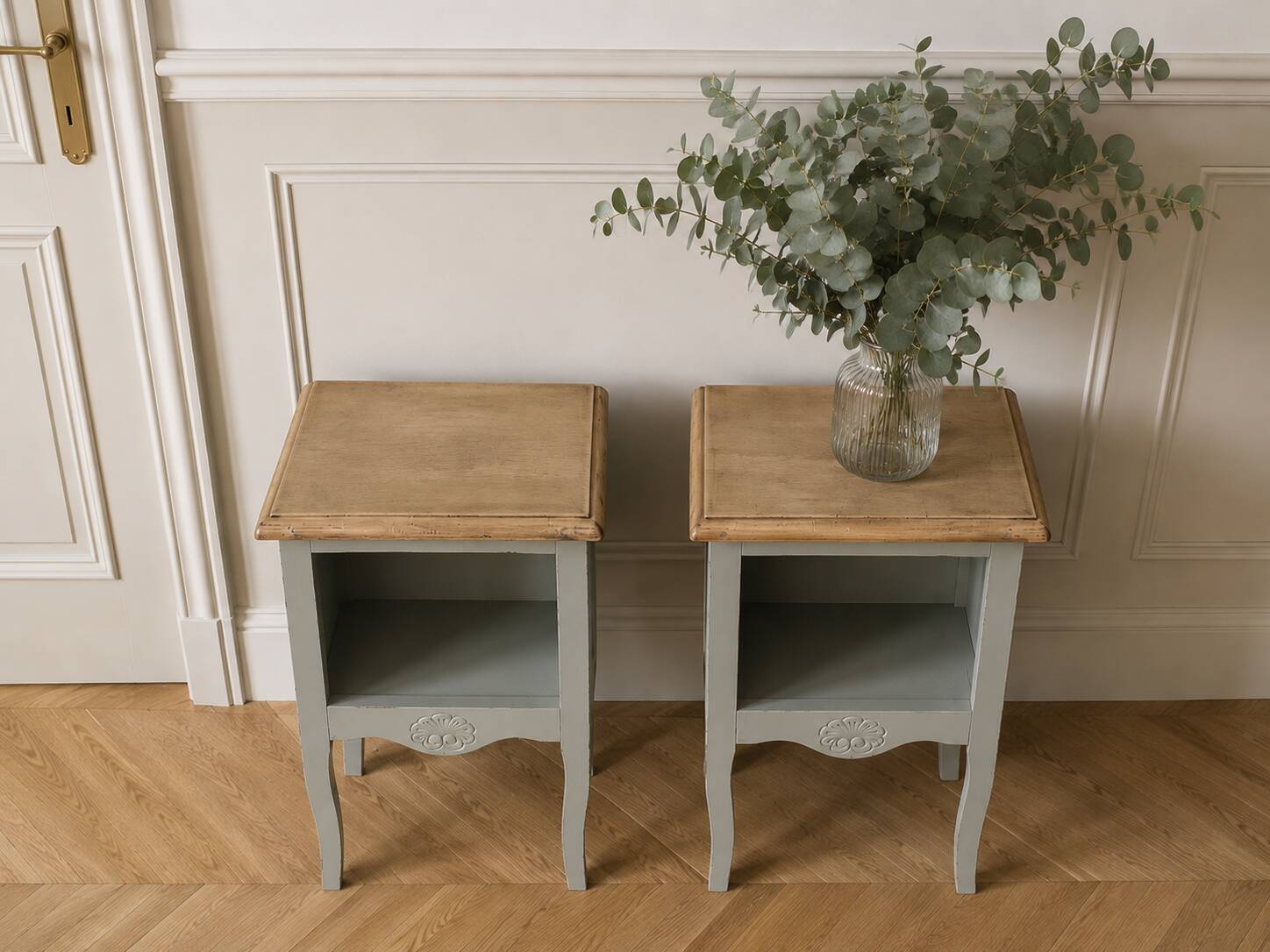 Pair of restored antique bedside tables painted in verdigris.