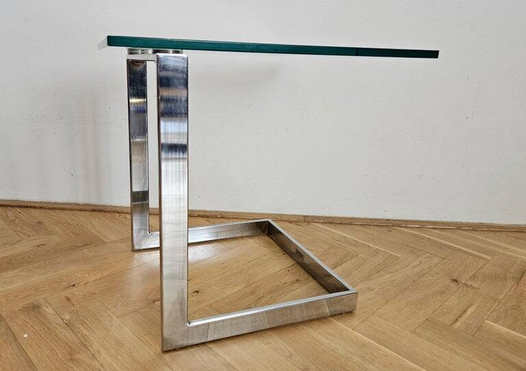 Midcentury Design Cantilevered Glass & Chrome Side Coffee Table, 1980s