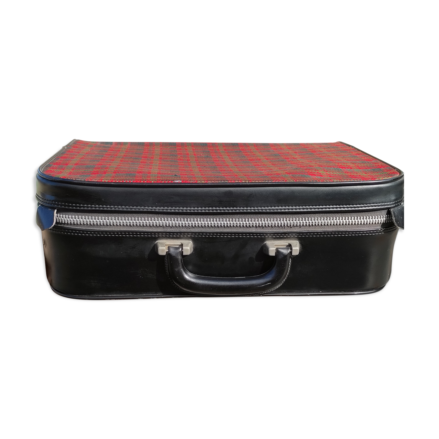 Vintage suitcase in red and skai Scottish fabric
