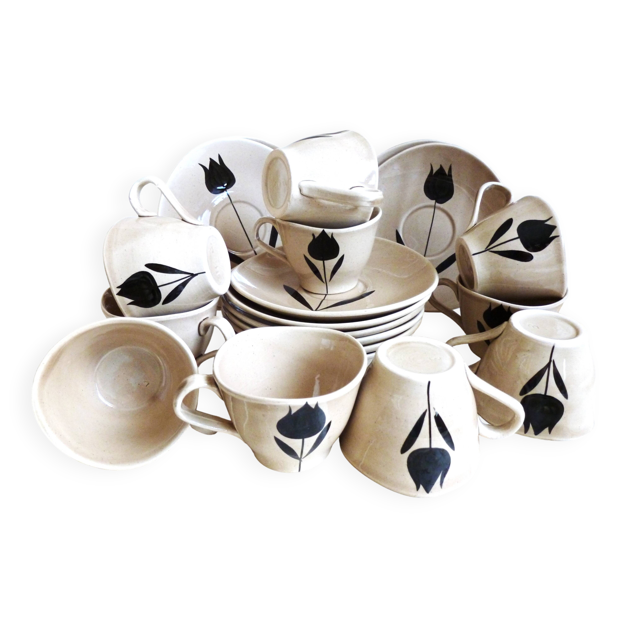 Vintage 23-piece Niderviller coffee set with hand-painted black tulip decor.