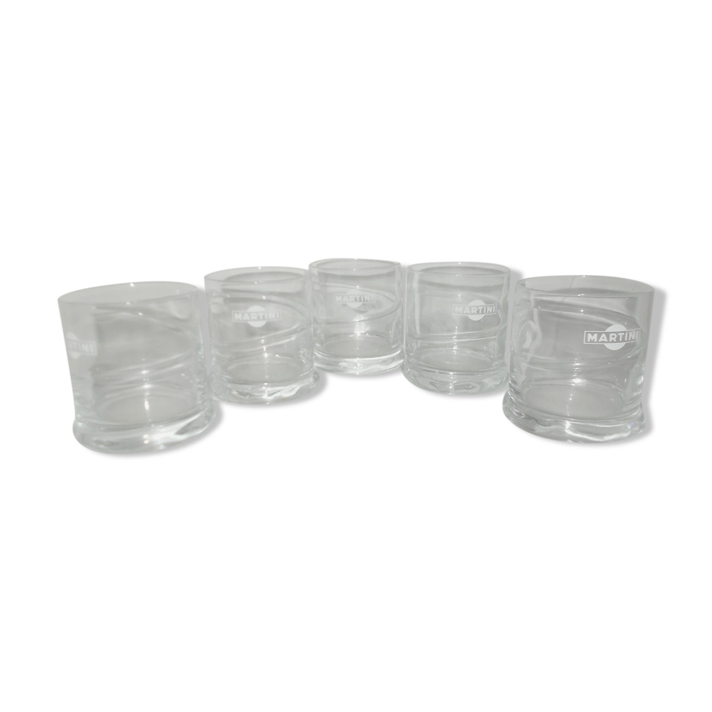 Lot of 5 bistro advertising martini glasses.