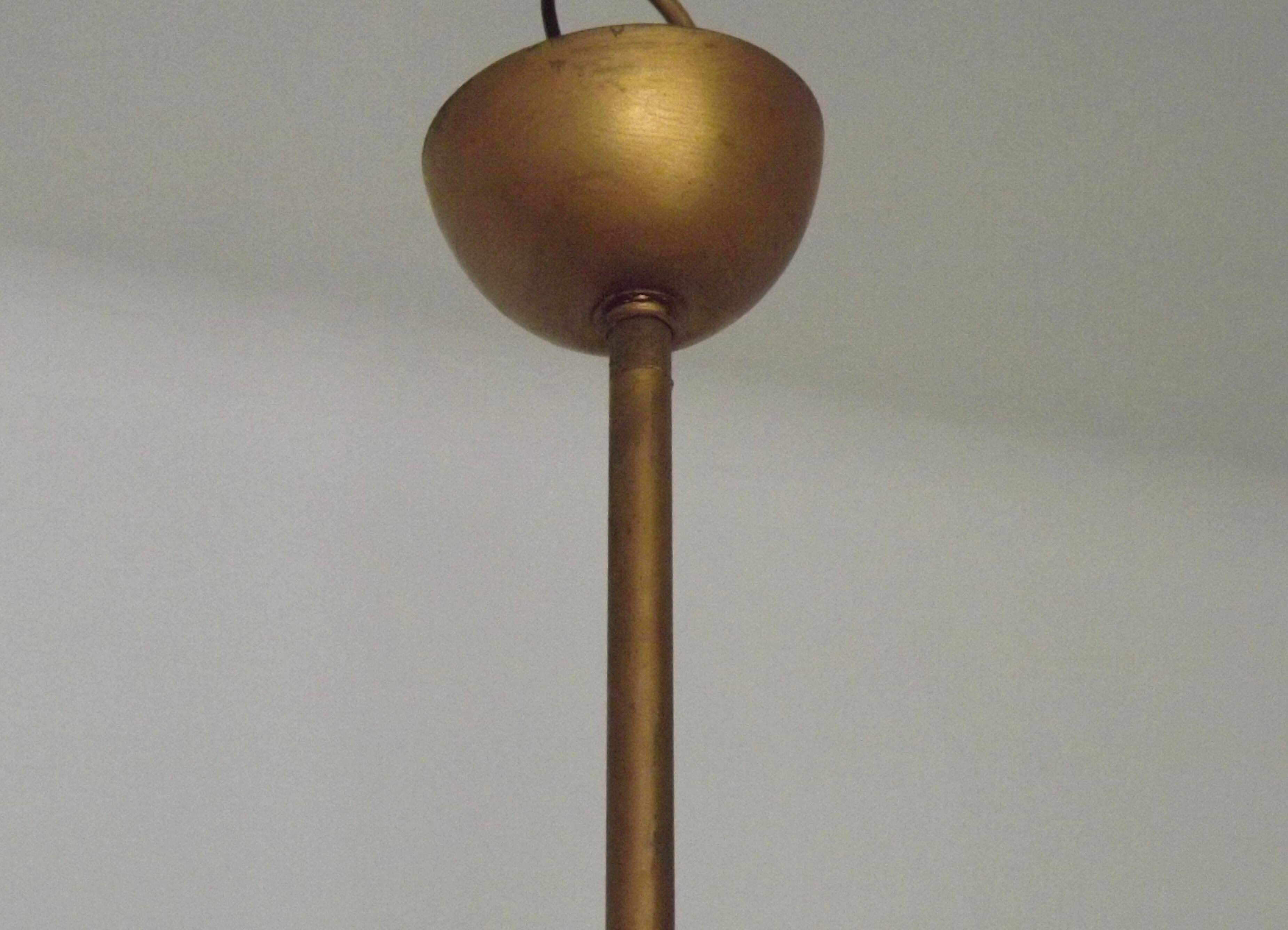 French Mid Century 3 Light Gold Metal Chandelier Textured Glass Shades