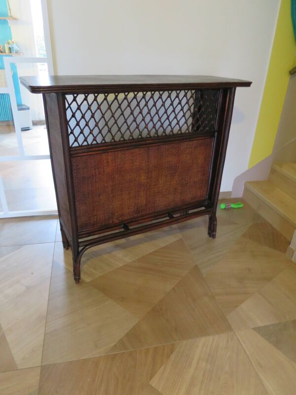 Rare vintage meuble de bar étagère bois rotin tressé années 80 rétro