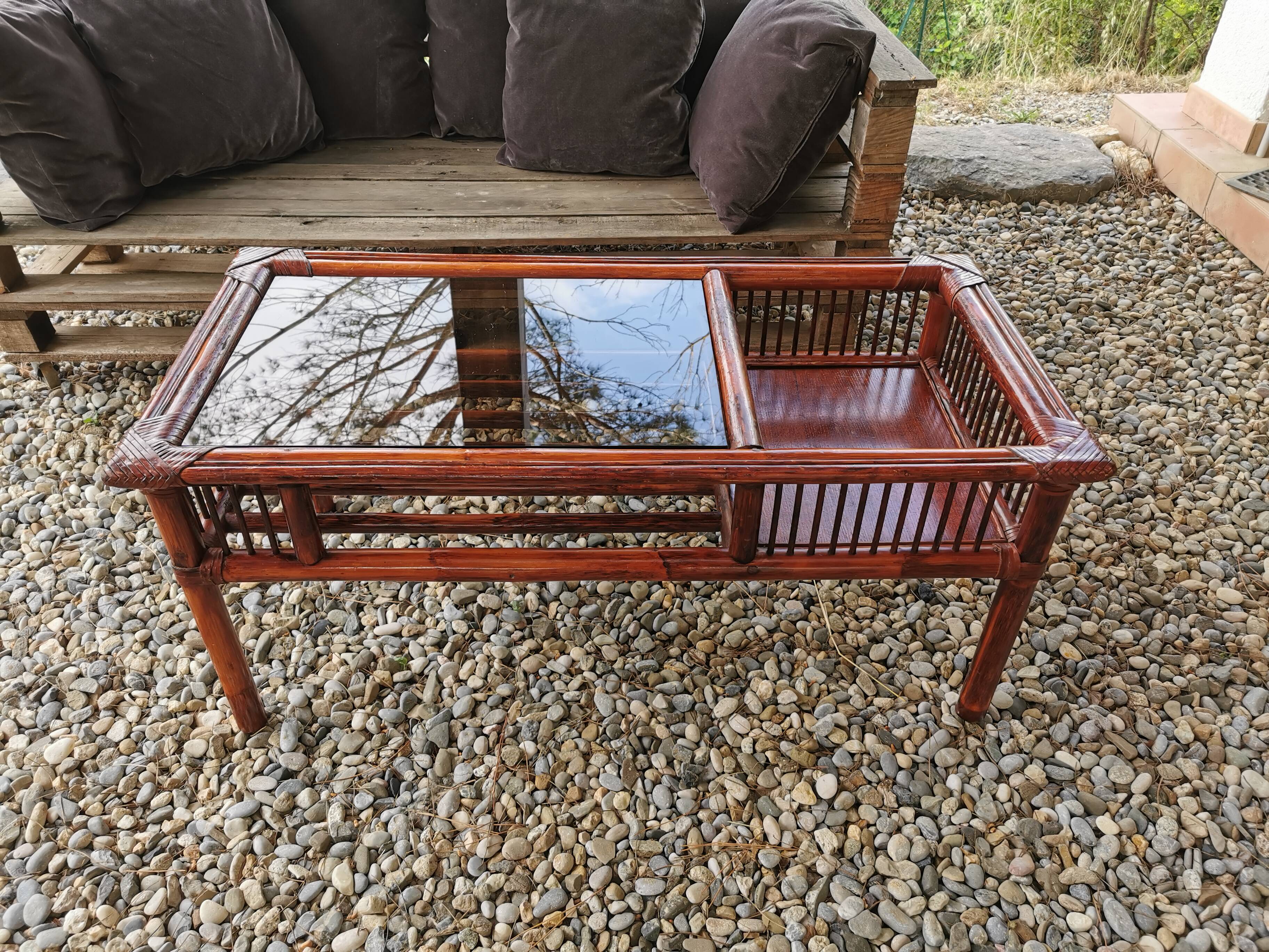 Vintage bamboo and leather coffee table