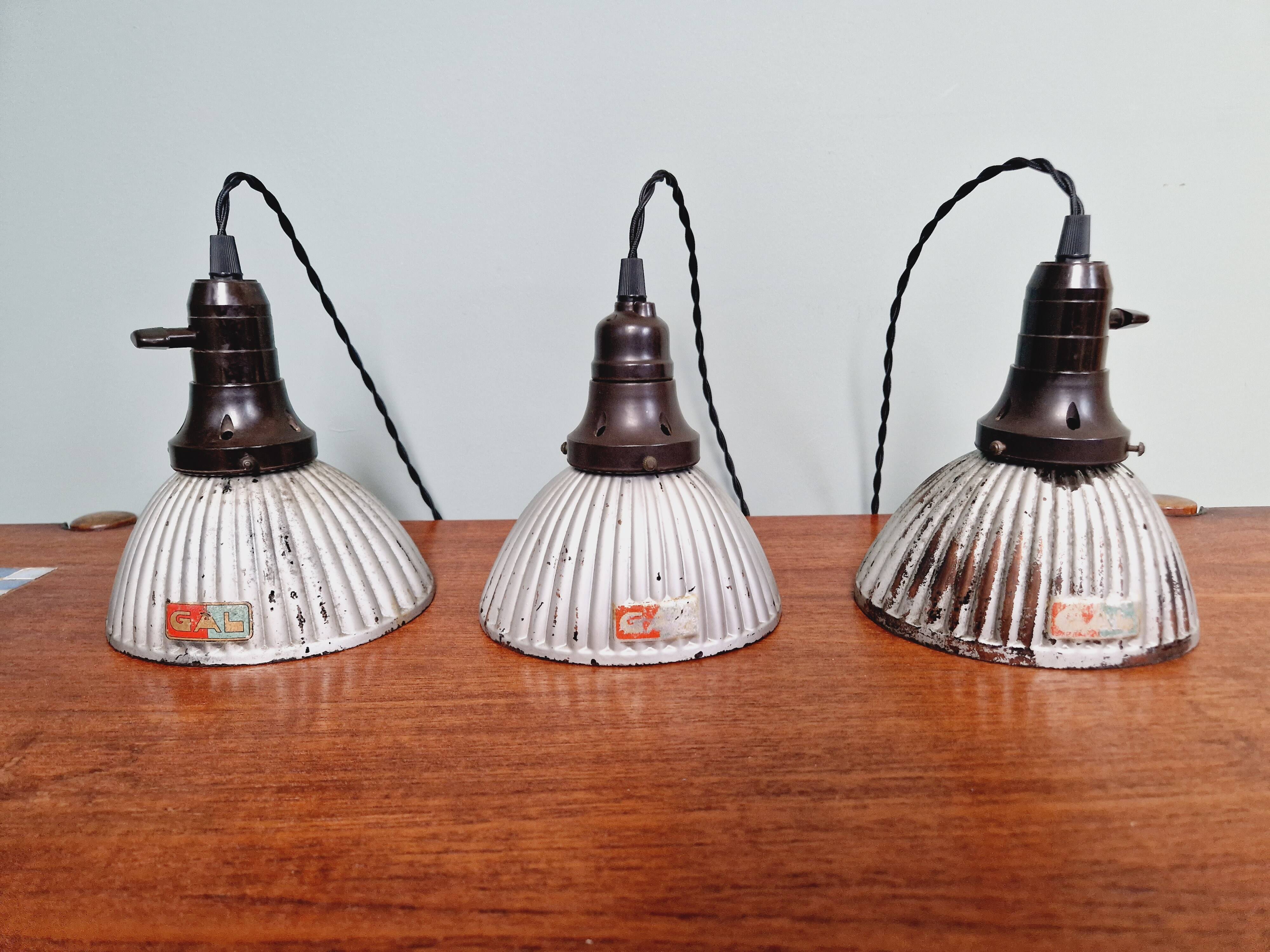 Set of 3 industrial mercury glass pendant lights, GAL (France), 1930s
