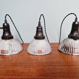 Set of 3 industrial mercury glass pendant lights, GAL (France), 1930s