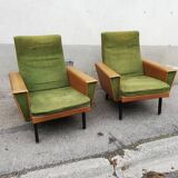 Pair of green vintage armchairs and brown skai