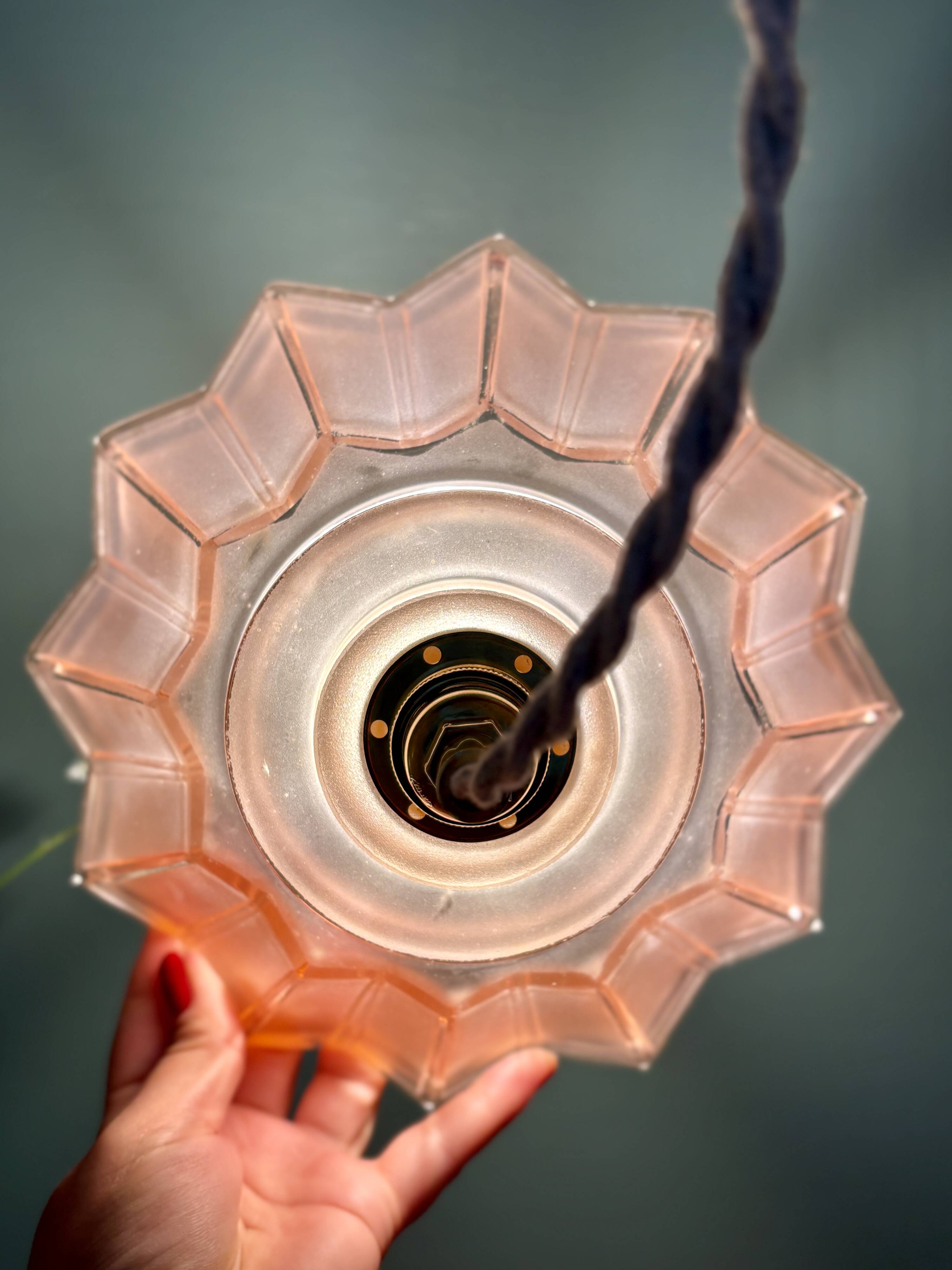 suspension vintage art deco lampshade in frosted pink glass
