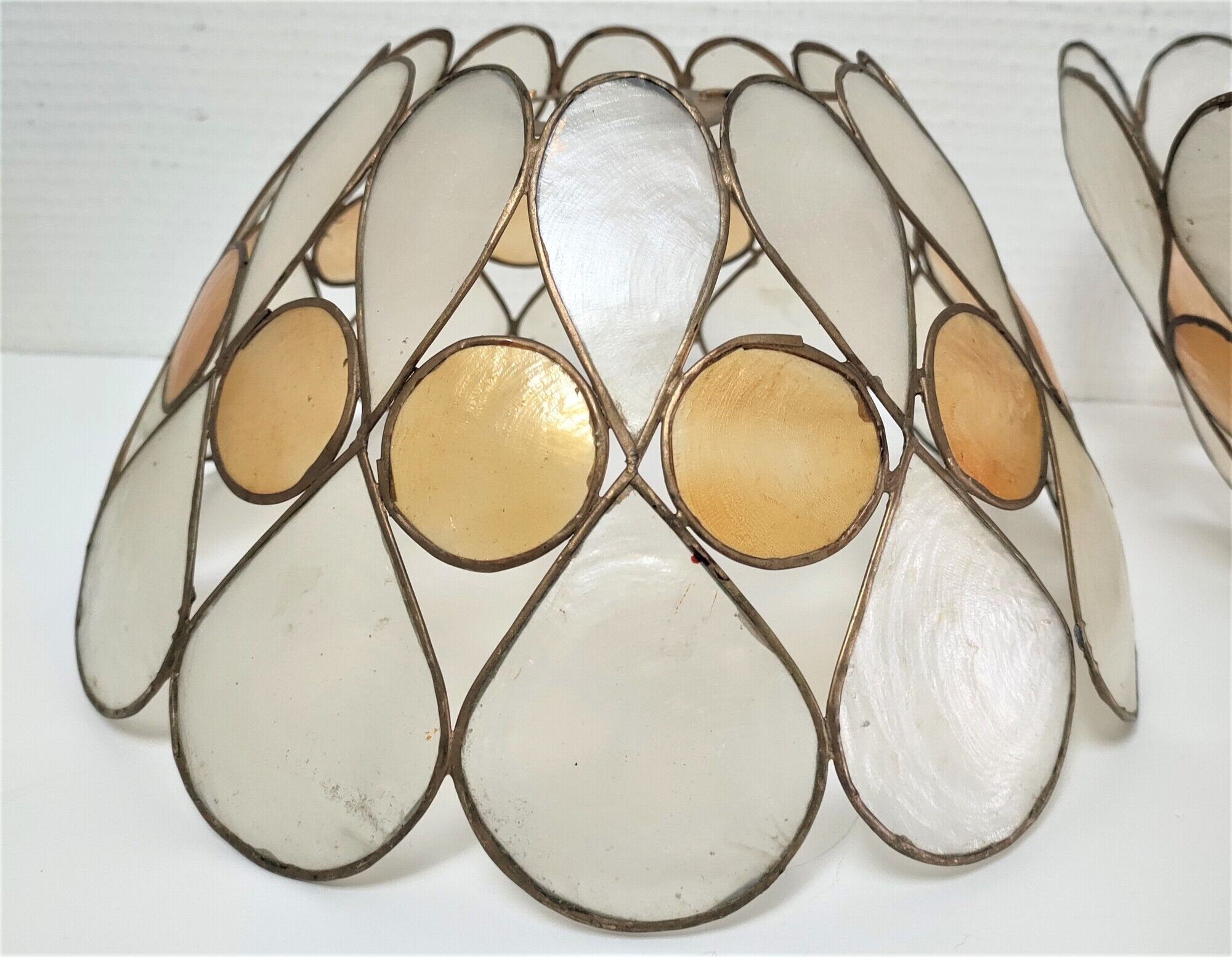 Pair of Capiz mother-of-pearl lampshade and vintage gilded metal