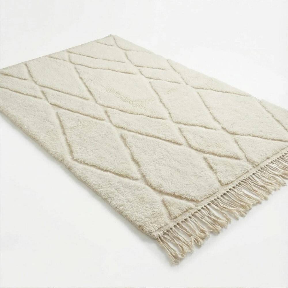Berber wool rug with abstract white patterns
