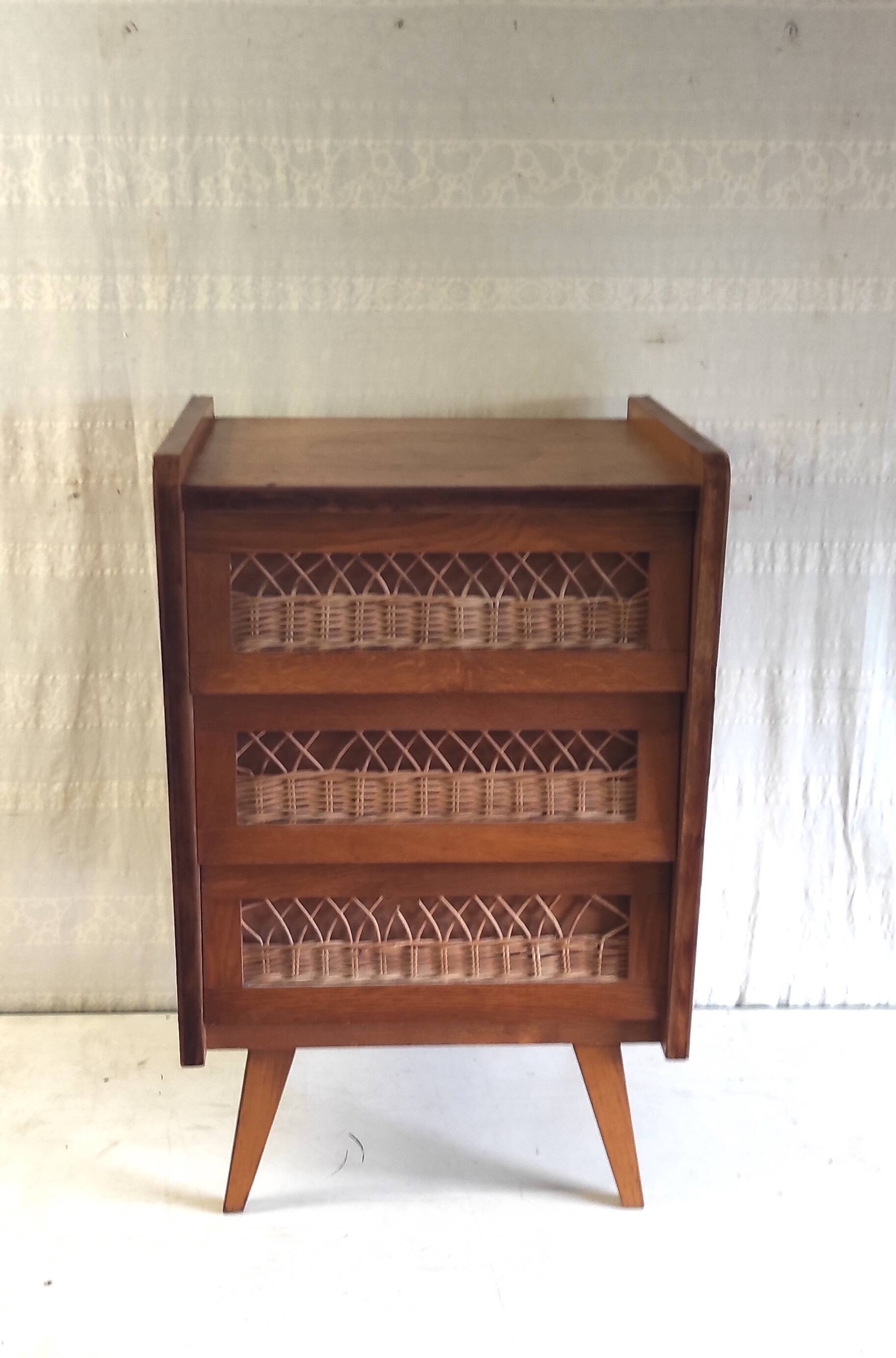 Vintage solid wood chest of drawers with rattan decor - 60s/70s
