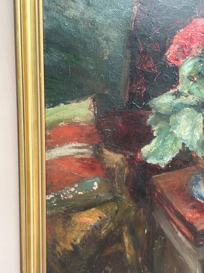 Original Swedish Oil on Panel - "Cineraria i Kruka" by Elna Jacobsson - Signed - Vintage and Framed - 48 × 43.5 cm (18.9" × 17.1")