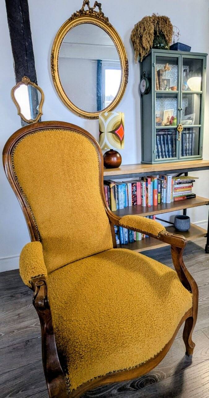 Restored antique Voltaire armchair, traditional upholstery, boucle fabric.