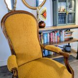 Restored antique Voltaire armchair, traditional upholstery, boucle fabric.