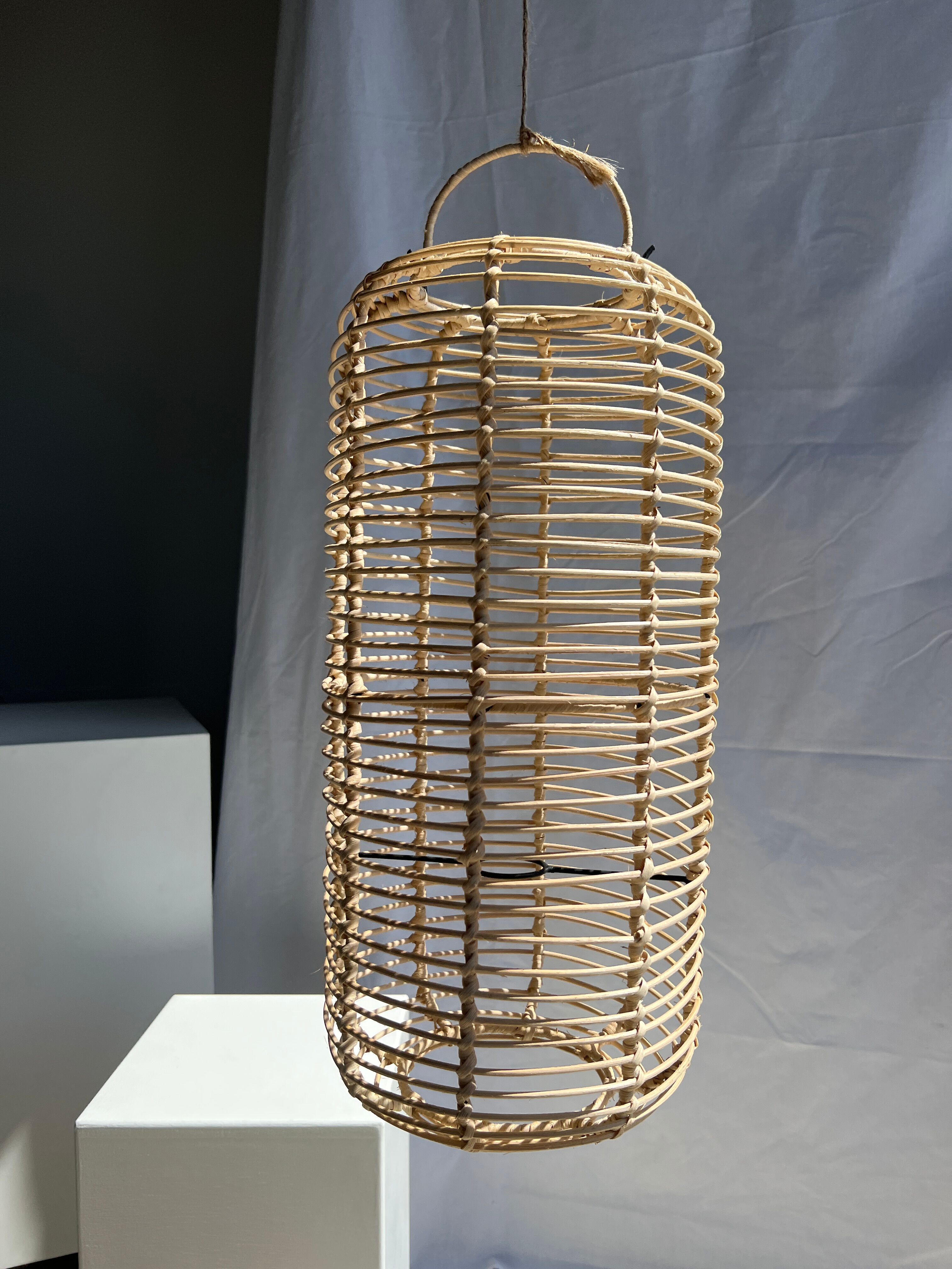 Large lantern-shaped rattan pendant lamp H50 D24