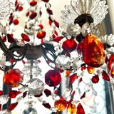 Antique chandelier with red crystal pendants, 9 lights.