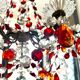 Antique chandelier with red crystal pendants, 9 lights.