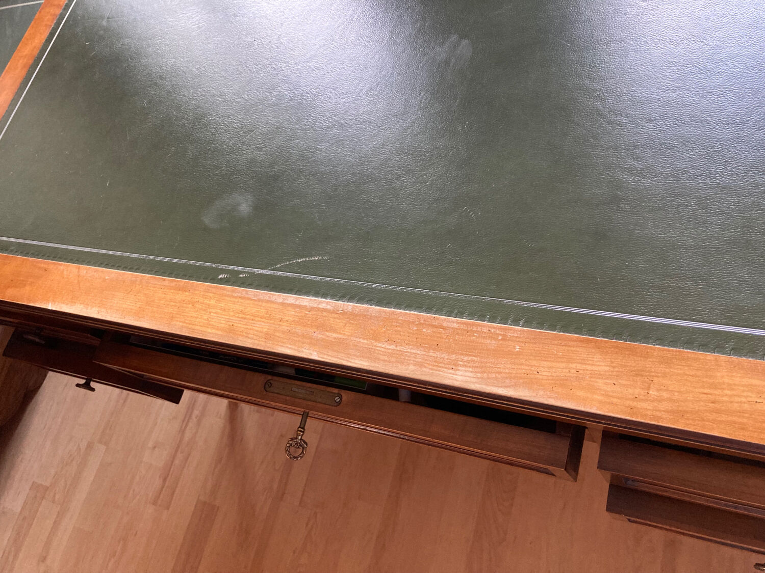Napoleon Empire style wood and green leather desk 4 drawers 2 sliding shelves