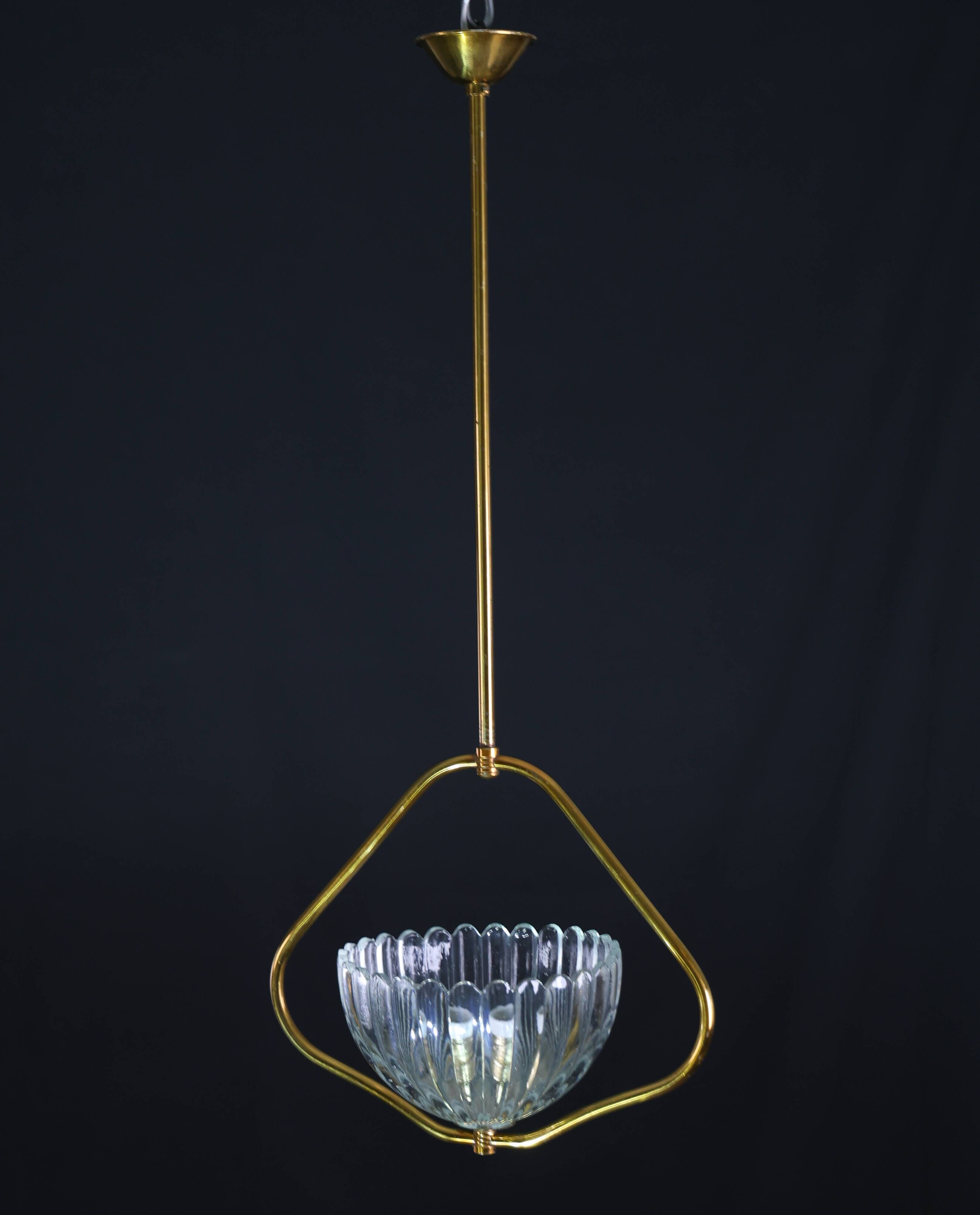 Art Decò Barovier e Toso Murano Glass and Brass Pendant Light, 1950