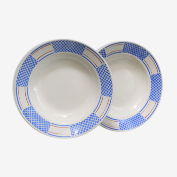 Set de 2 assiettes creuses Badonviller, motifs géométriques bleus, 1930, manufacture française, rare