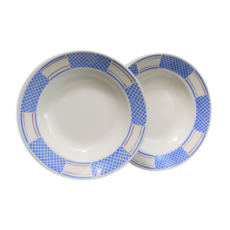 Set de 2 assiettes creuses Badonviller, motifs géométriques bleus, 1930, manufacture française, rare