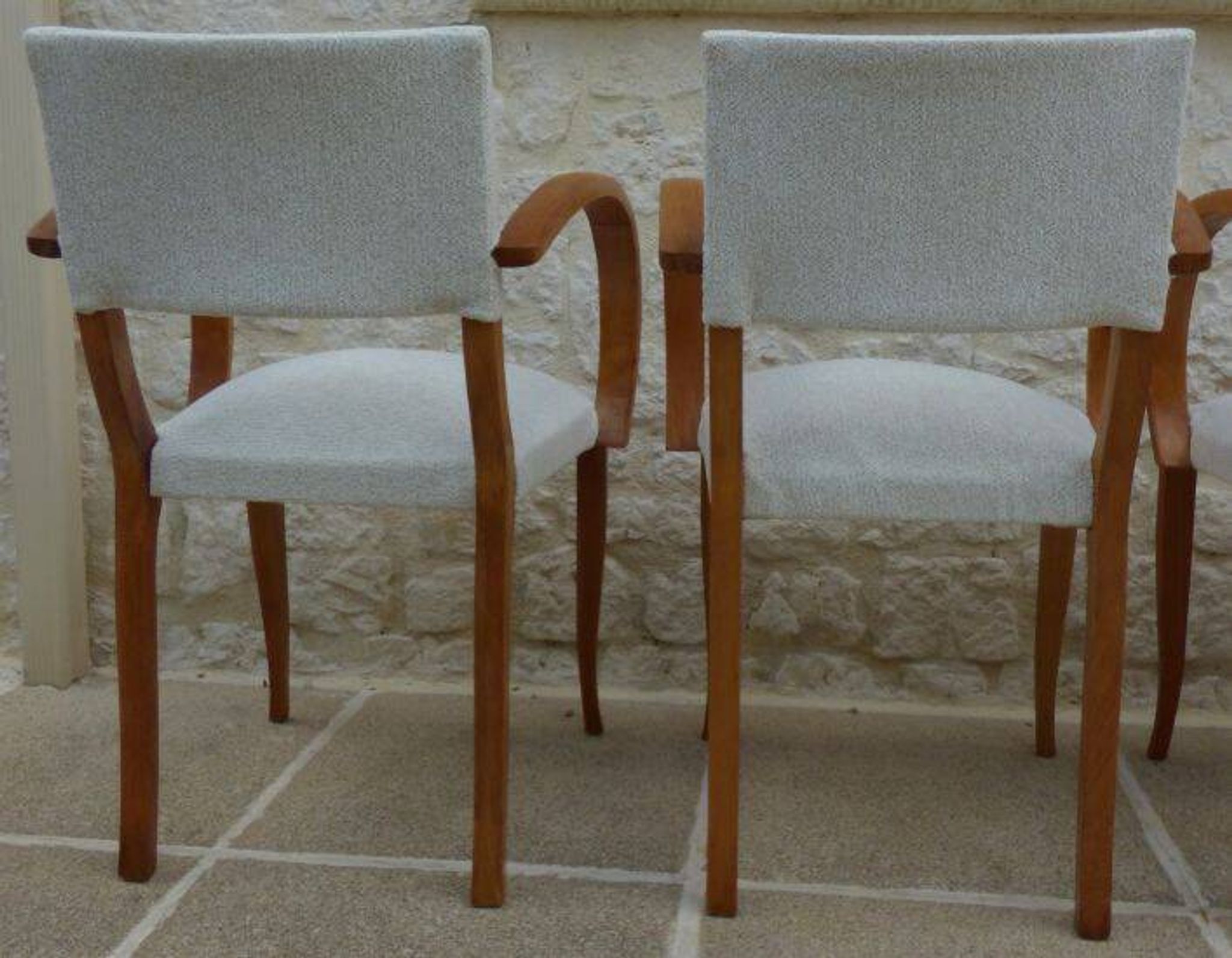 Fauteuils bridges chic année 50 en bois massif   blanc beige cousus main