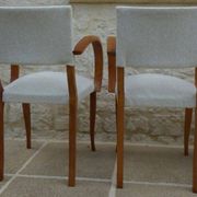 Fauteuils bridges chic année 50 en bois massif   blanc beige cousus main