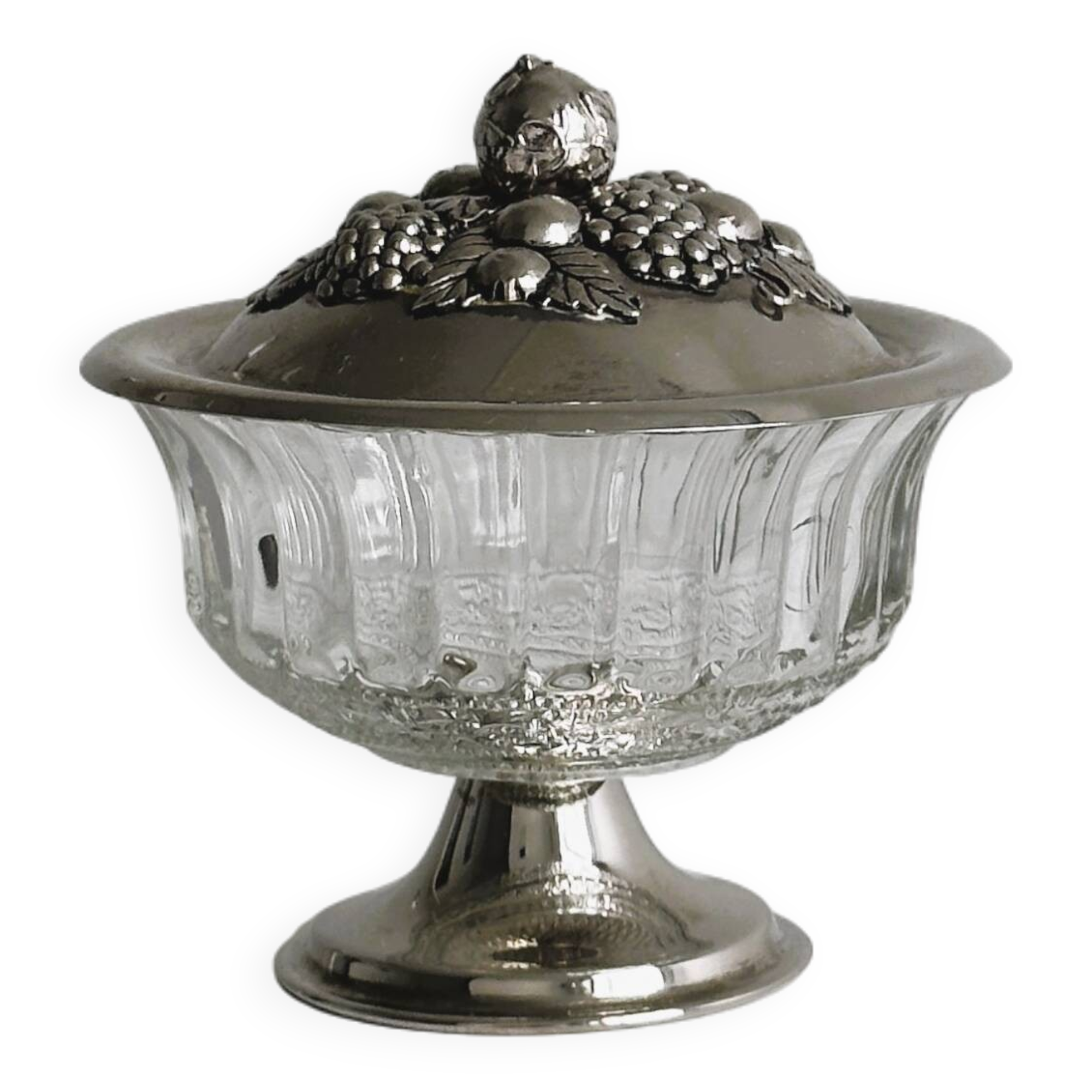 Antique sugar bowl in pressed glass and silver-plated metal