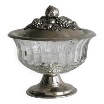 Sucrier ancien en verre pressé et métal argenté