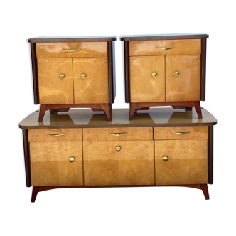 Vintage trio of mid century modern sideboard and 2 sidetables