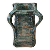 Grand vase brutaliste vintage en céramique d'art 4 anses vert